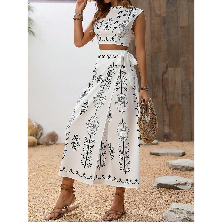 Women’s Two-Piece Set – Sleeveless Crop Top & Wrap Midi Skirt – Cotton Linen Blend