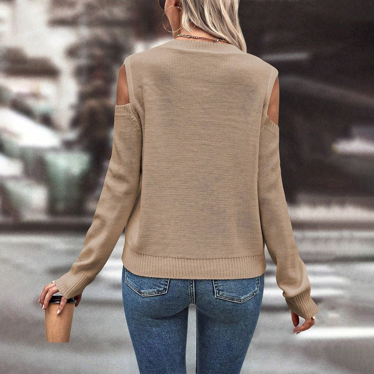 Women’s Sweater – Loose Fit – Open Shoulder – Cable Knit – Ribbed Cuffs