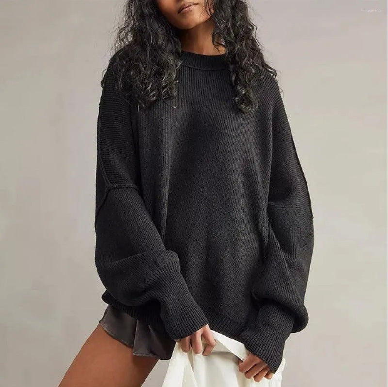Women’s Pullover Knit Sweater – Oversized Fit – Crew Neck – Long Sleeve – Side Slits
