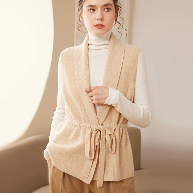Women’s Cashmere Vest – Shawl Collar – Belted Waist – Tailored Relaxed Fit