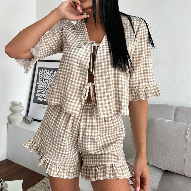 Women’s Pajama Set – Cotton Blend – Loose Fit – Check Print – Tie Front & Ruffle Trim