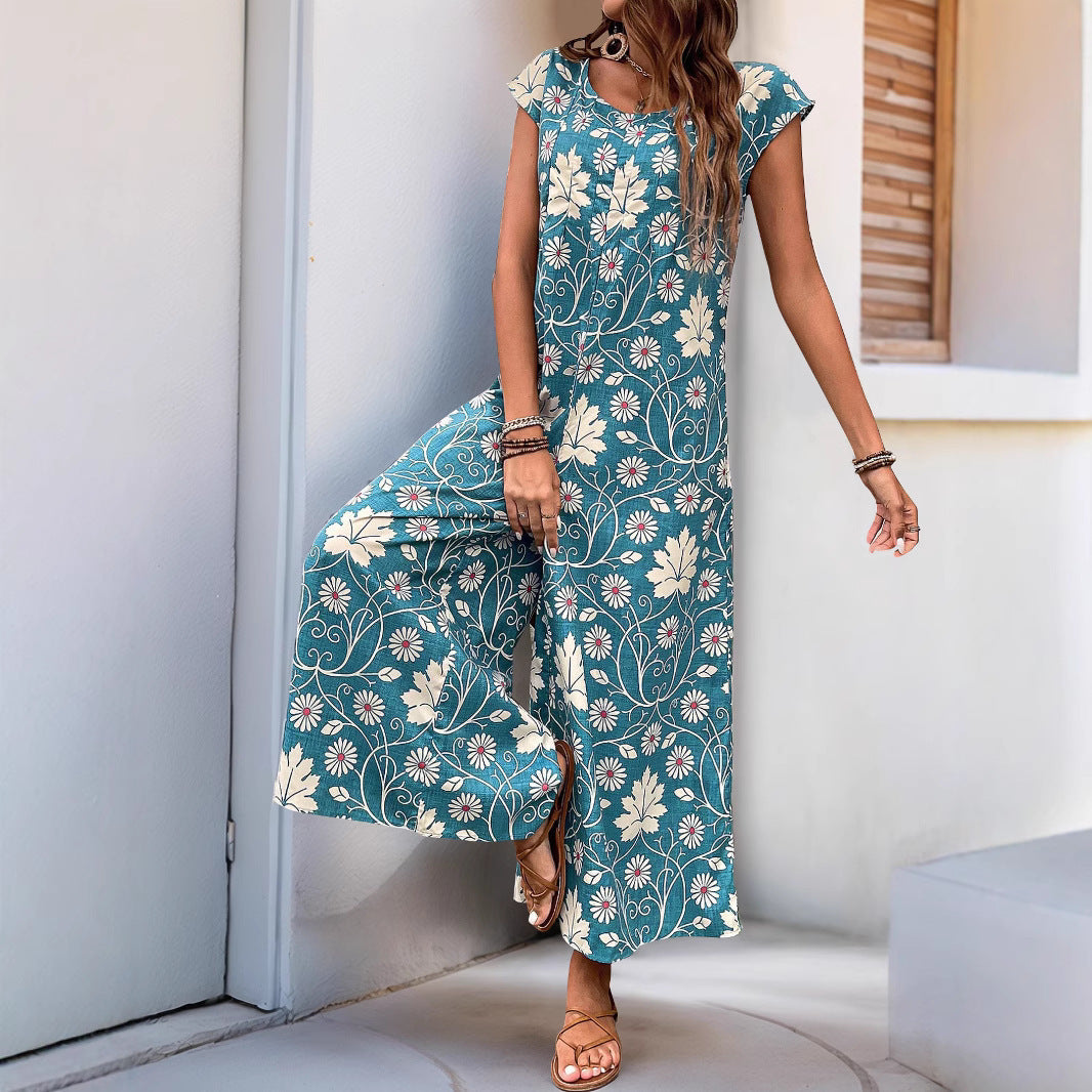 Women’s Jumpsuit – Relaxed Fit – Cotton Blend – Wide Leg – Short Sleeve Floral