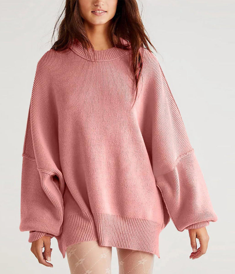 Women’s Pullover Knit Sweater – Oversized Fit – Crew Neck – Long Sleeve – Side Slits
