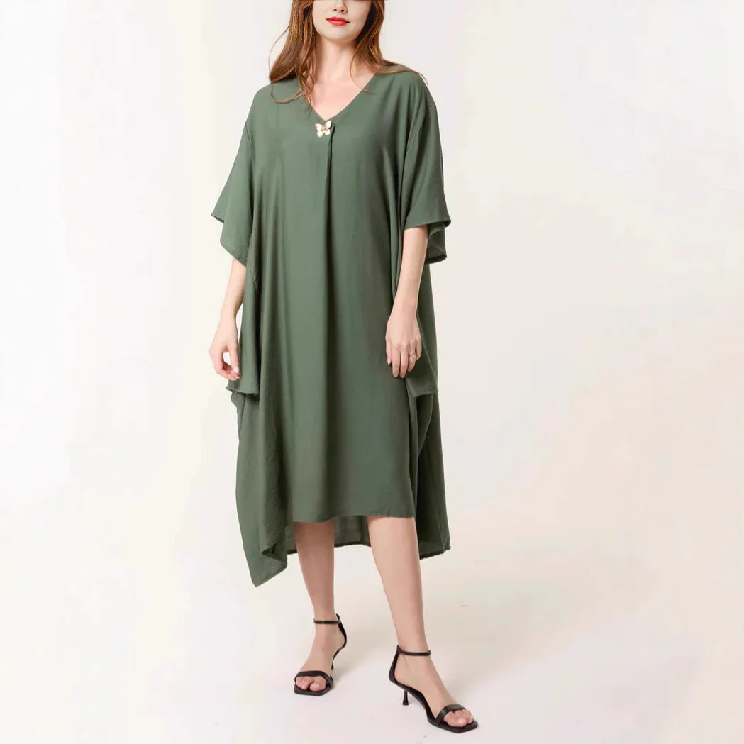 Women’s Tunic Dress – Relaxed Fit – V-Neck – Elbow Sleeve – Midi Length – Breathable Blend