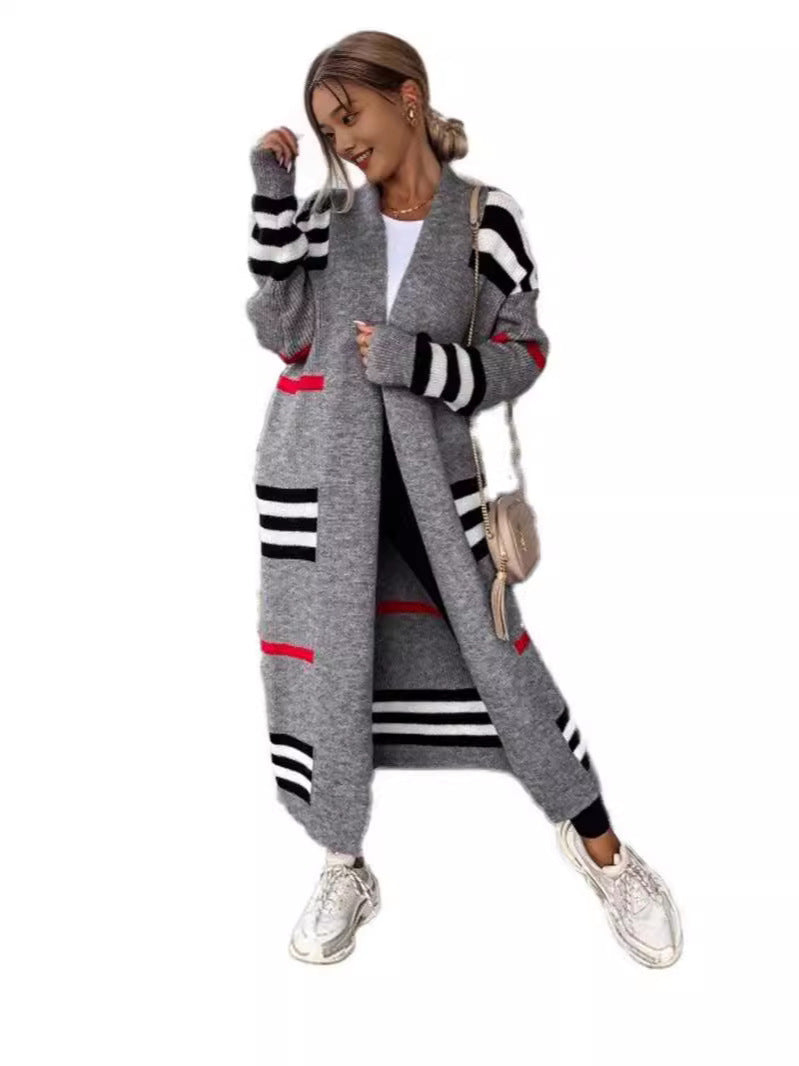 Women’s Long Cardigan – Wool Knit – Oversized Fit – Striped – Open Front Layering