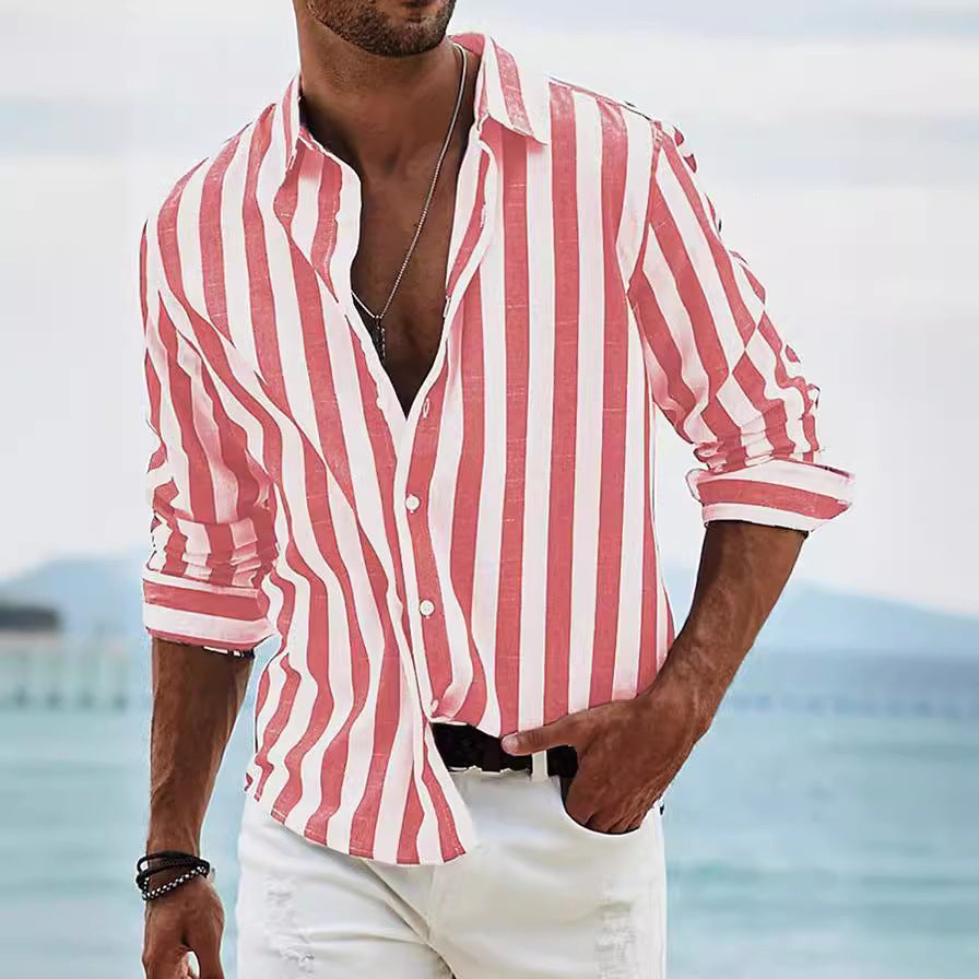Men’s Long Sleeve Shirt – Cotton Linen Blend – Relaxed Fit – Button-Up Striped Casual