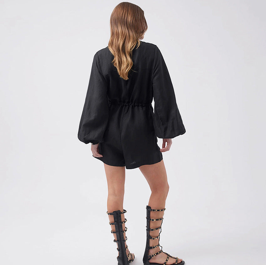 Women’s Utility Romper – Cotton Linen – Relaxed Fit – Button Front – Drawstring Waist