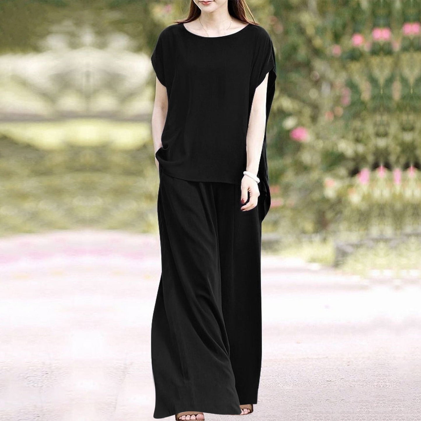 Women’s Two-Piece Set – Loose Fit Blouse – Wide-Leg High-Waist Trousers – Breathable Fabric