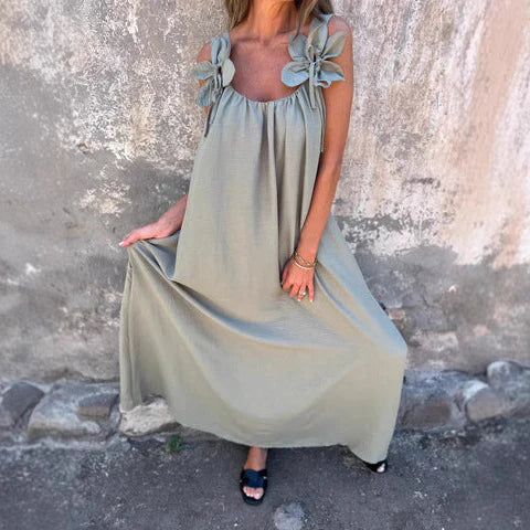 Women’s Maxi Dress – Relaxed Fit – Flowing Silhouette – Floral Shoulder Detail – Soft Fabric