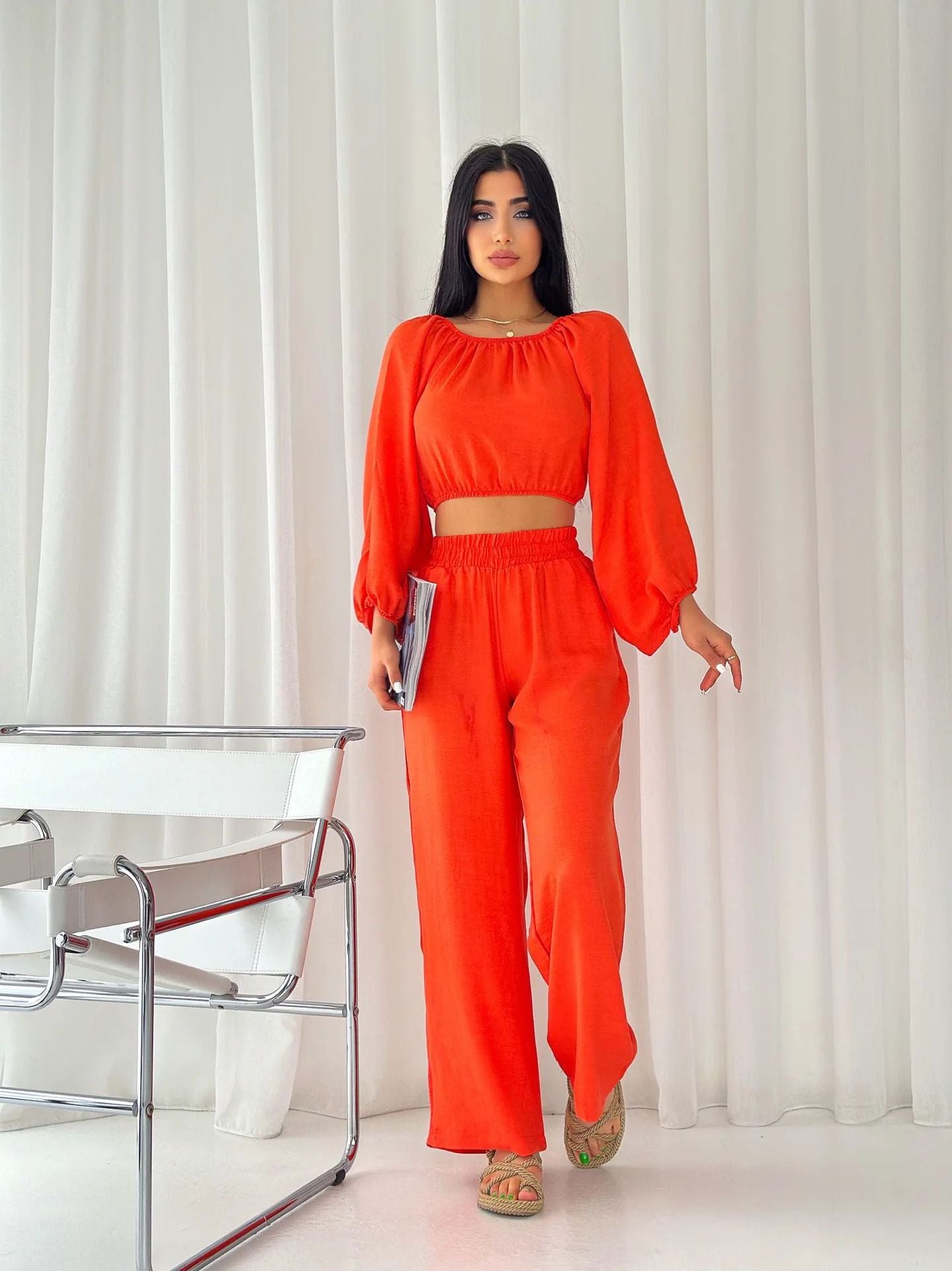 Women’s Two-Piece Set – Off-Shoulder Crop Top – Wide-Leg High-Waist Trousers – Lightweight Fabric