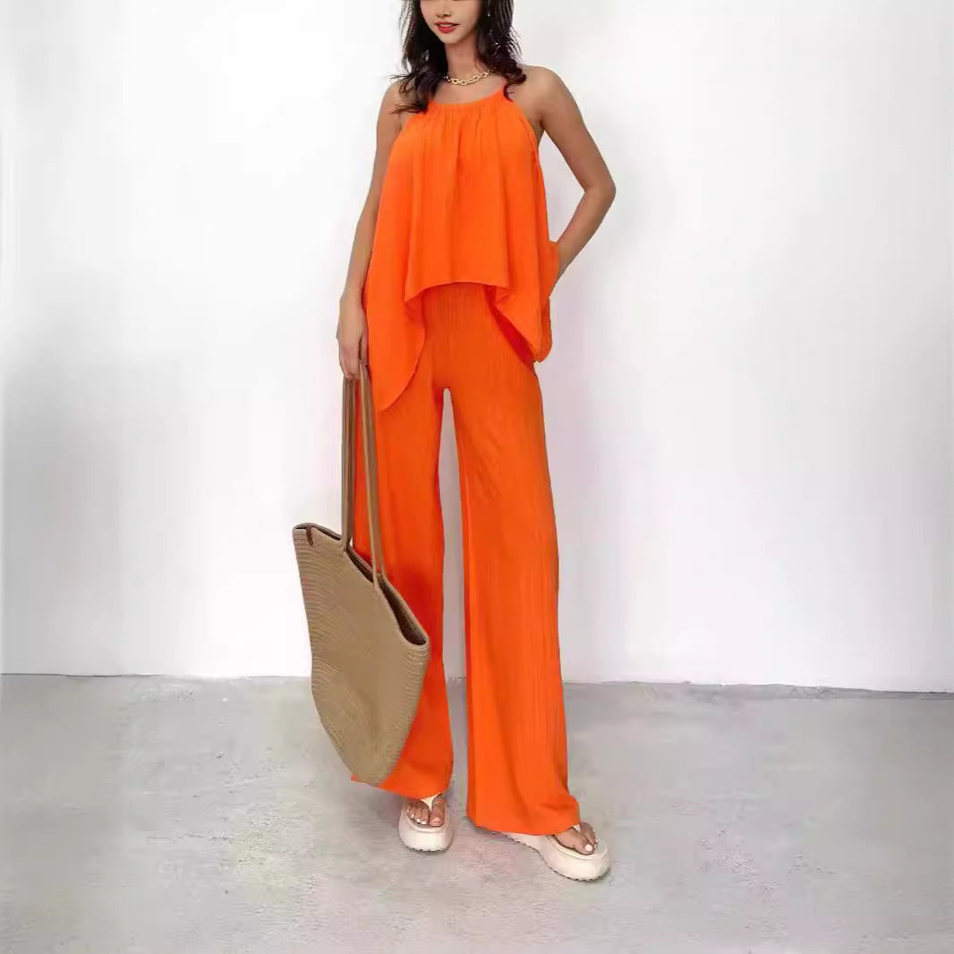 Women’s Halter Top and Wide Leg Pants Set – Asymmetric Drape – Relaxed Fit