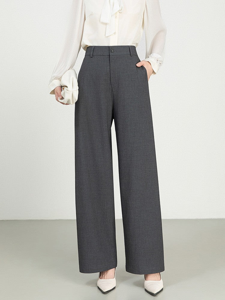 Women’s Wide-Leg Trousers – High Waist – Pleated Front – Full Length – Denim Texture