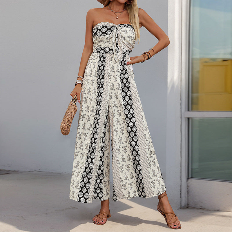 Women’s Jumpsuits – High Waist – Belted – Breathable Blend – Boho Pattern