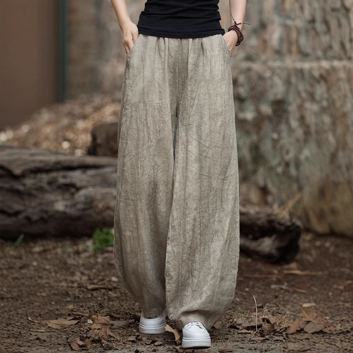 Women’s Casual Pants – Cotton Linen Blend – Relaxed Fit – Elastic Waist – Ankle Length