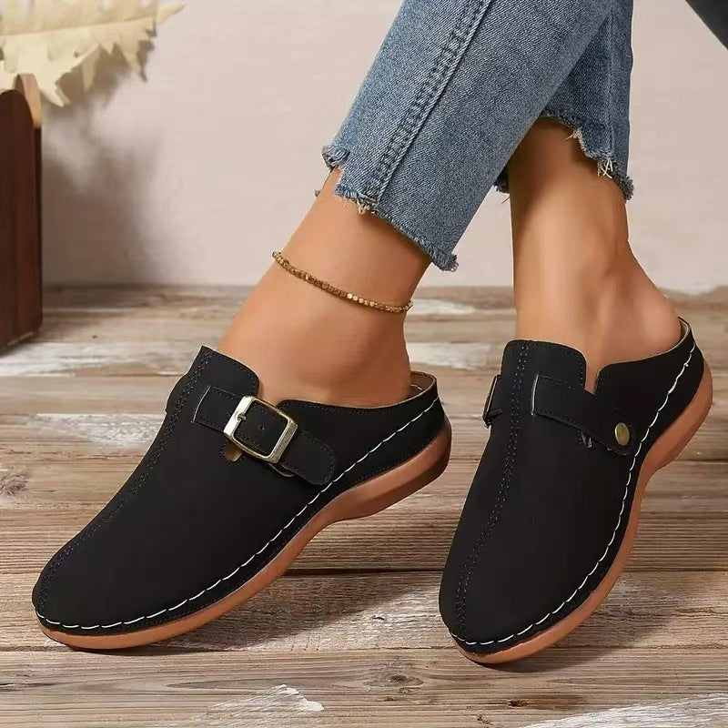 Women’s Wedge Mule Sandals – Closed Toe – Faux Leather – Buckle Detail – Cushioned Sole