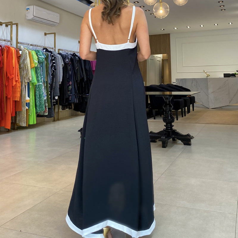 Women’s Maxi Dress – Loose Fit – Lightweight Fabric – Thin Straps – Contrast Detail