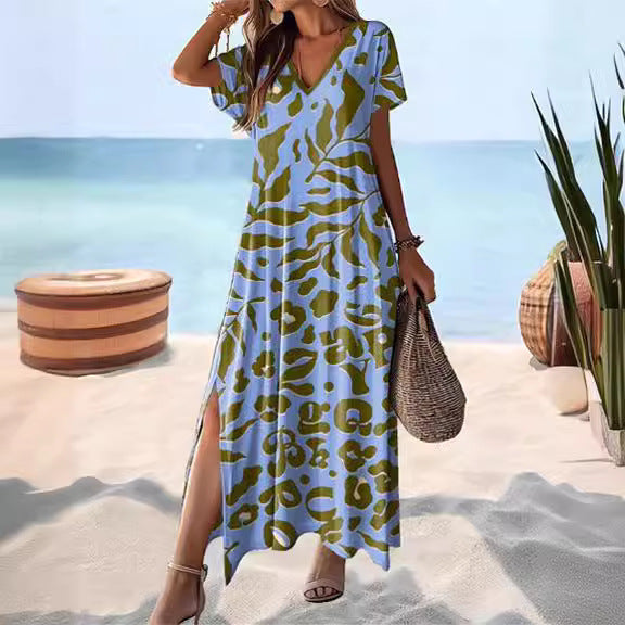 Women’s Maxi Dress – Relaxed Fit – V-Neck – Short Sleeve – Side Slit