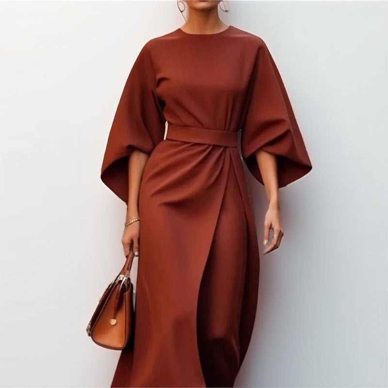 Women’s Long Dress – Satin Feel – Batwing Sleeve – Fitted Waist – Draped Silhouette