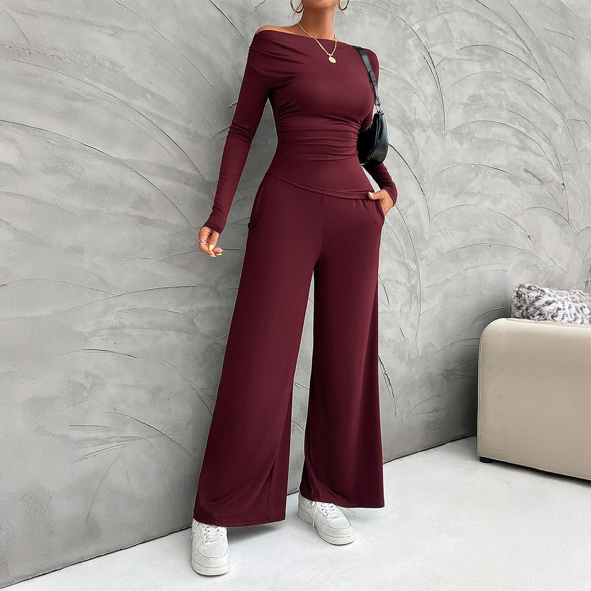 Women’s Matching Set – Slim Fit Long Sleeve Top – High Waist Wide Leg Trousers
