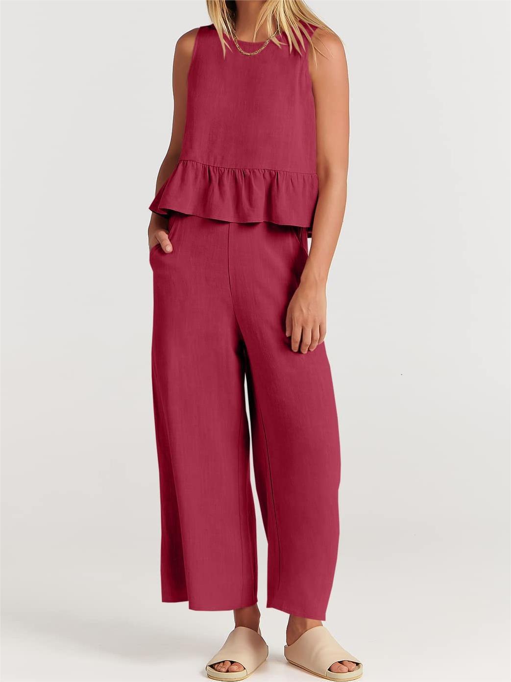 Women’s Peplum Top – Lightweight Cotton Blend – Relaxed Fit – Sleeveless Rounded Neckline
