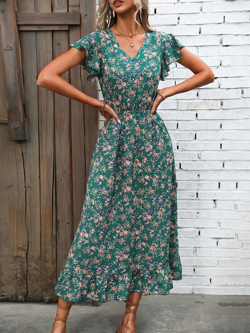 Women’s Midi Dress – Cotton Blend – V-Neck – Flutter Sleeve – Ruffled Hem – A-Line Fit