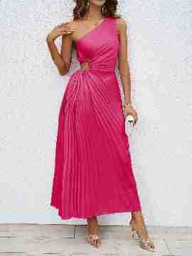 Women’s Maxi Dress – Satin Feel – One Shoulder – Ruched Waist – Pleated Skirt