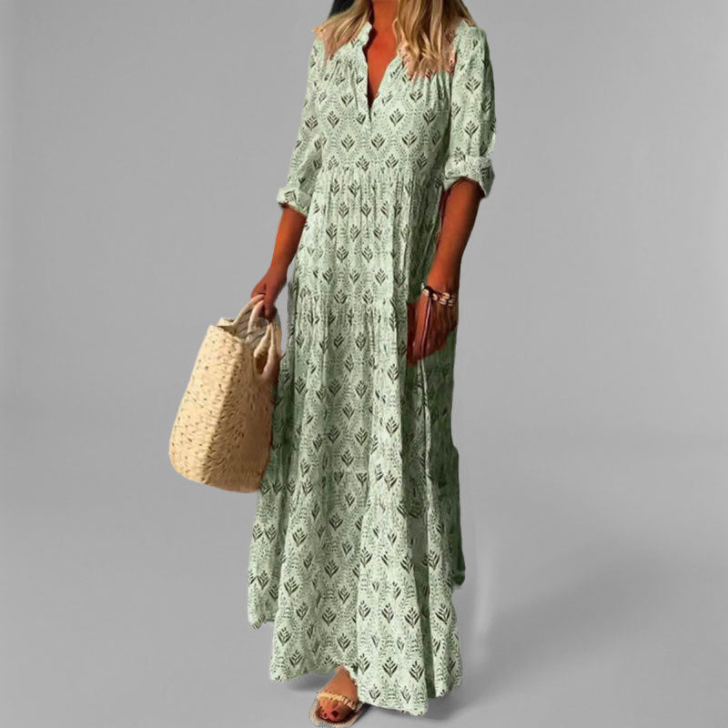 Women’s Maxi Dress – Lightweight Cotton – Loose Fit – V-Neck – Vintage Print – 3/4 Sleeve