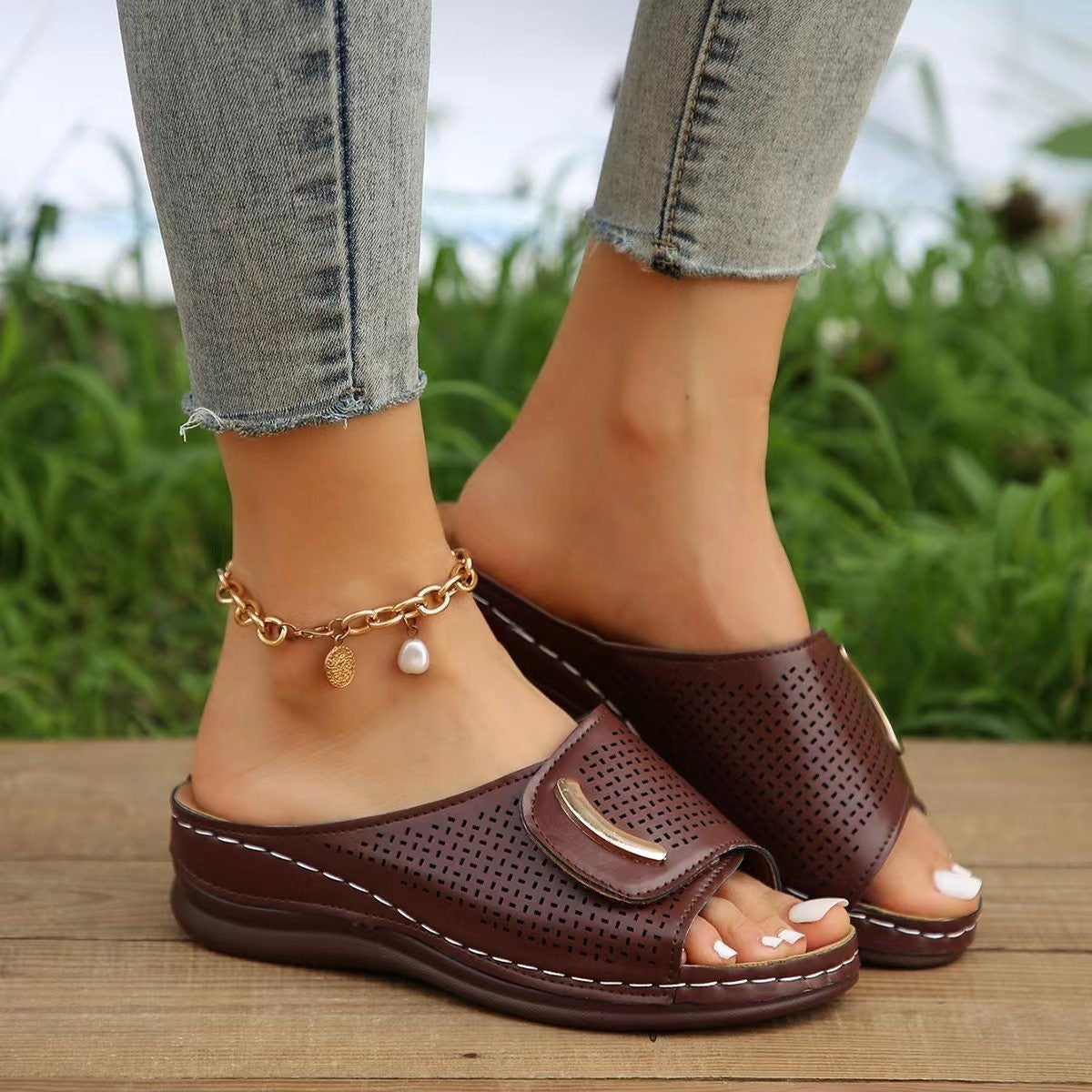 Women’s Wedge Sandals – Faux Leather – Wide Perforated Strap – Slip-On Comfort