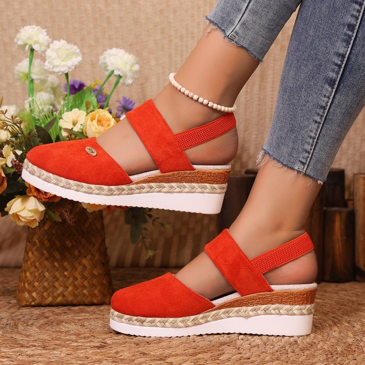 Women’s Wedge Sandals – Closed Toe – Suede-Like Upper – Jute Heel – Wide Straps