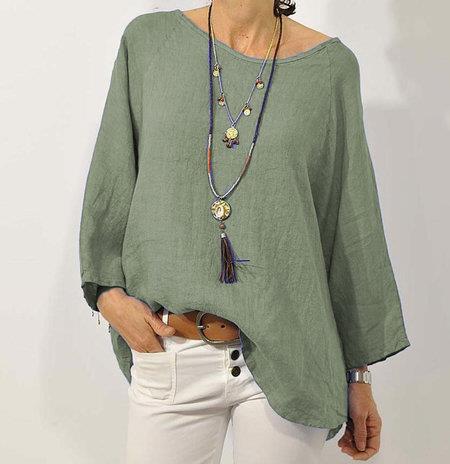 Women’s Cotton Linen Top – Relaxed Fit – 3/4 Raglan Sleeve – Asymmetrical Hem