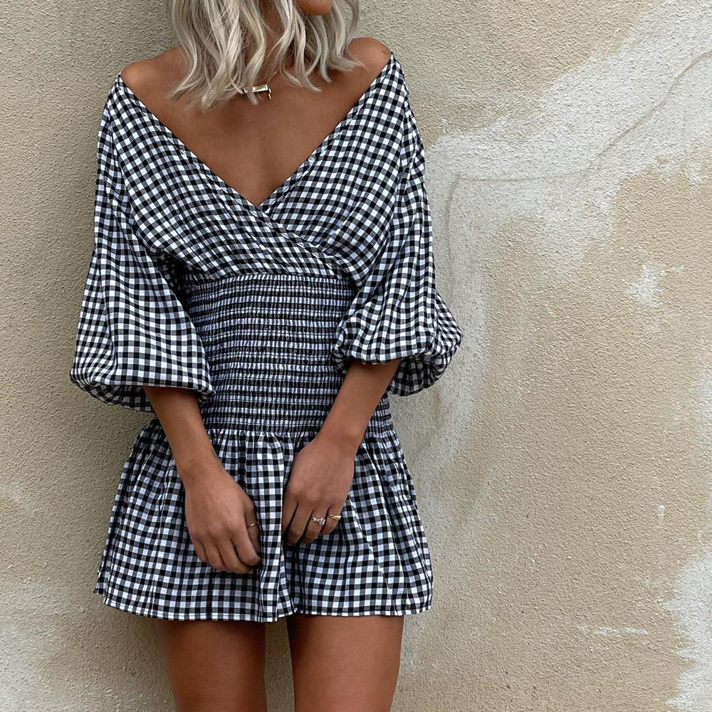 Women’s Mini Dress – Cotton Blend – V-Neck – Puff Sleeves – Gingham – Elastic Waist