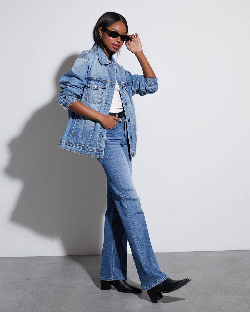 Women’s Wide-Leg Jeans – Sturdy Denim – Relaxed Fit – Raw Hem – Floor-Length Casual Wear