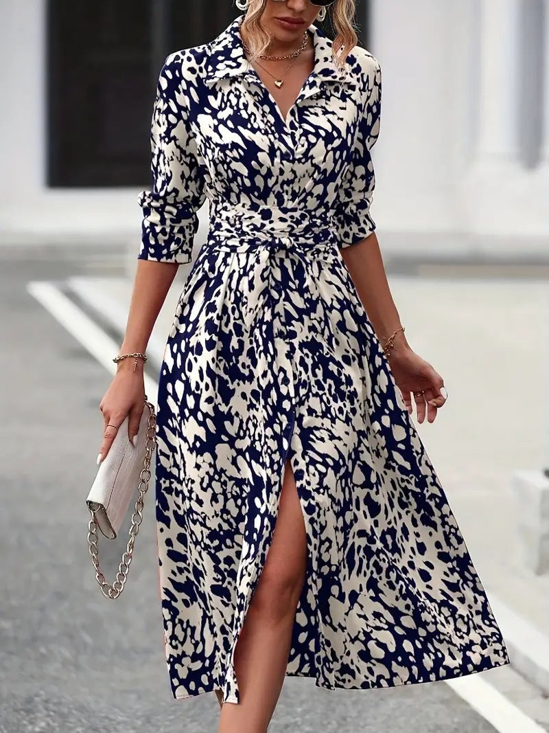 Women’s A-Line Dress – Button Down – Waist Tie – Midi Length – Breathable Blend