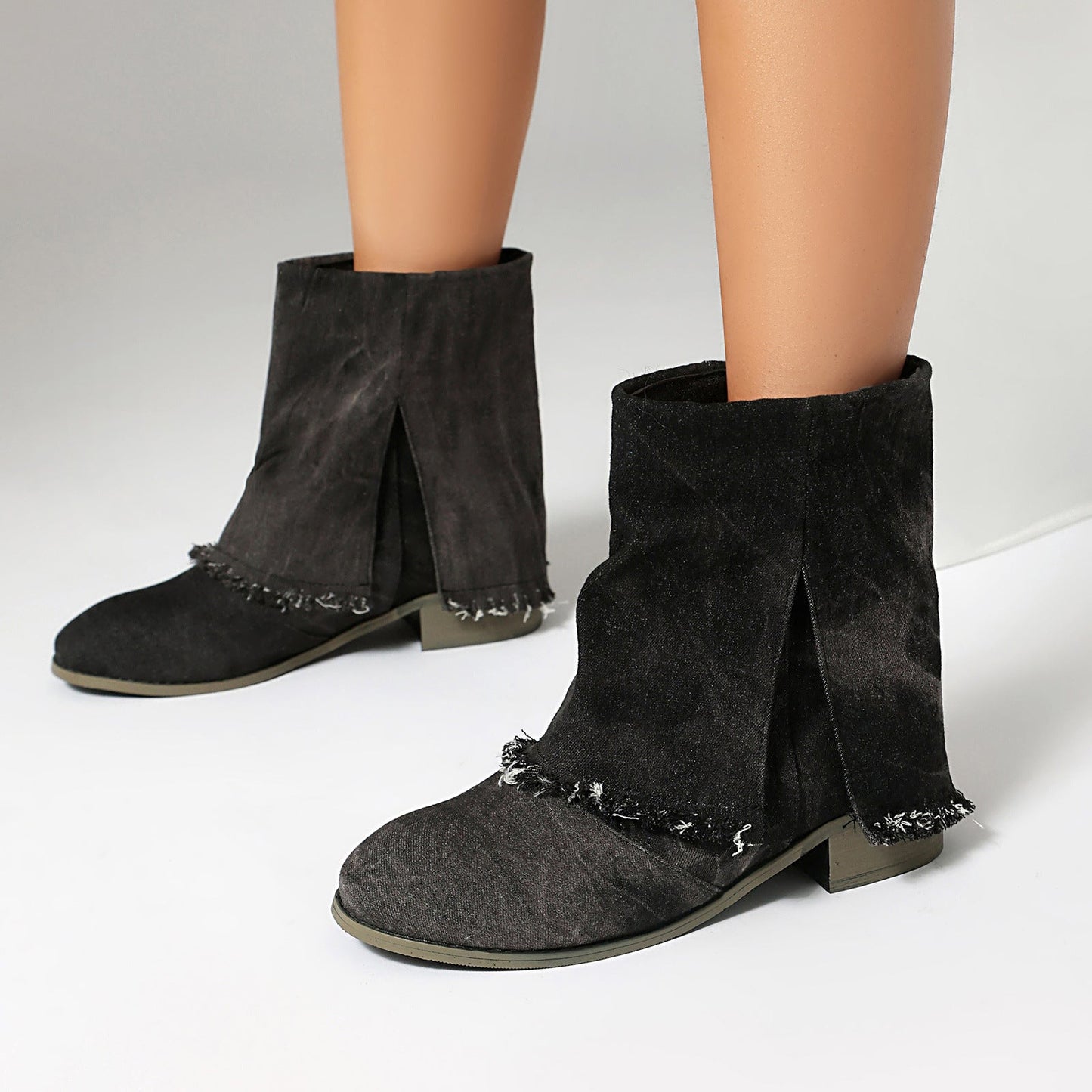 Women’s Ankle Boots – Denim Fabric – Distressed Trim – Side Slits – Slip-On Casual Fit