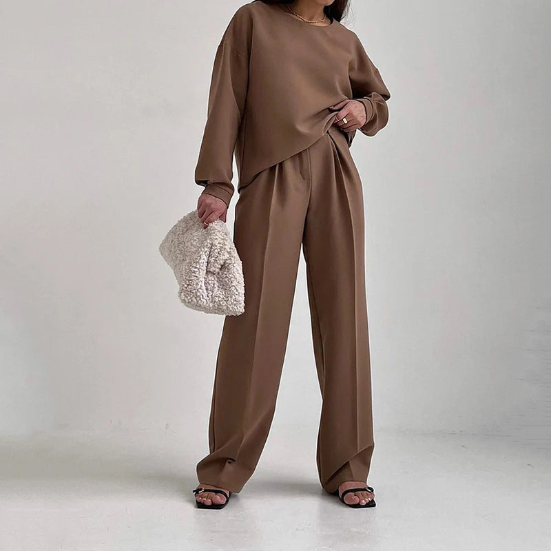 Women’s Two-Piece Set – Relaxed Fit – Long Sleeve Top – Wide-Leg Belted Trousers
