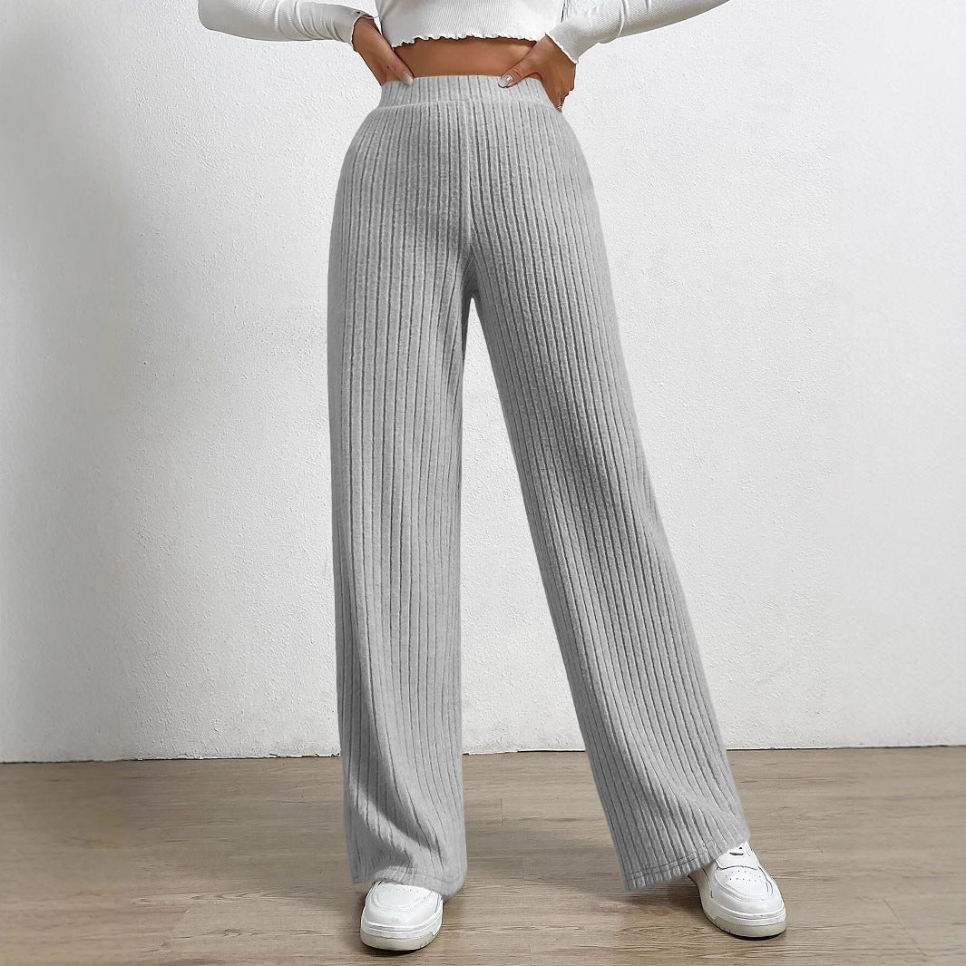 Women’s Wide-Leg Trousers – Ribbed Knit – High Waist – Full Length – Relaxed Fit