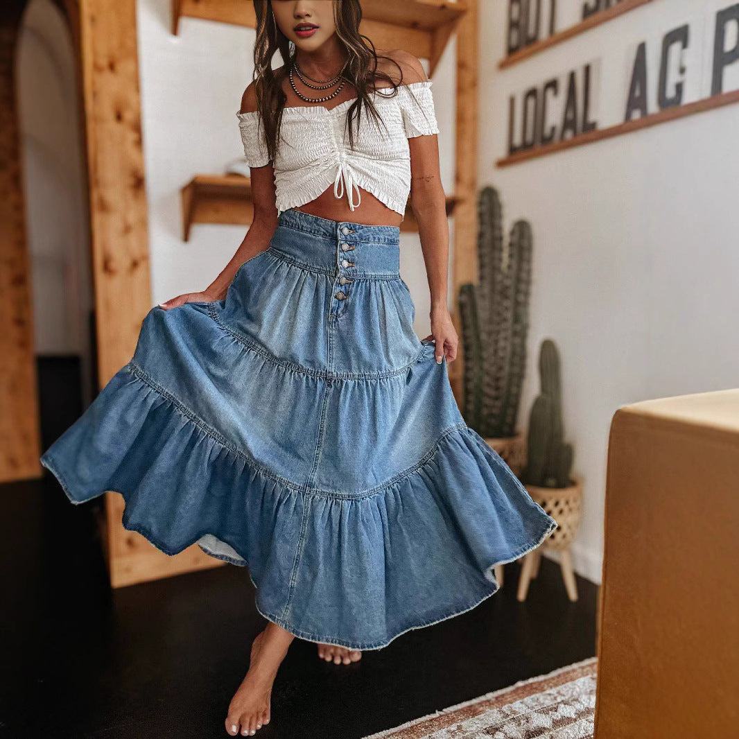 Women’s Denim Skirt – A-Line Fit – Tiered Midi Length – Button Front – Boho Style