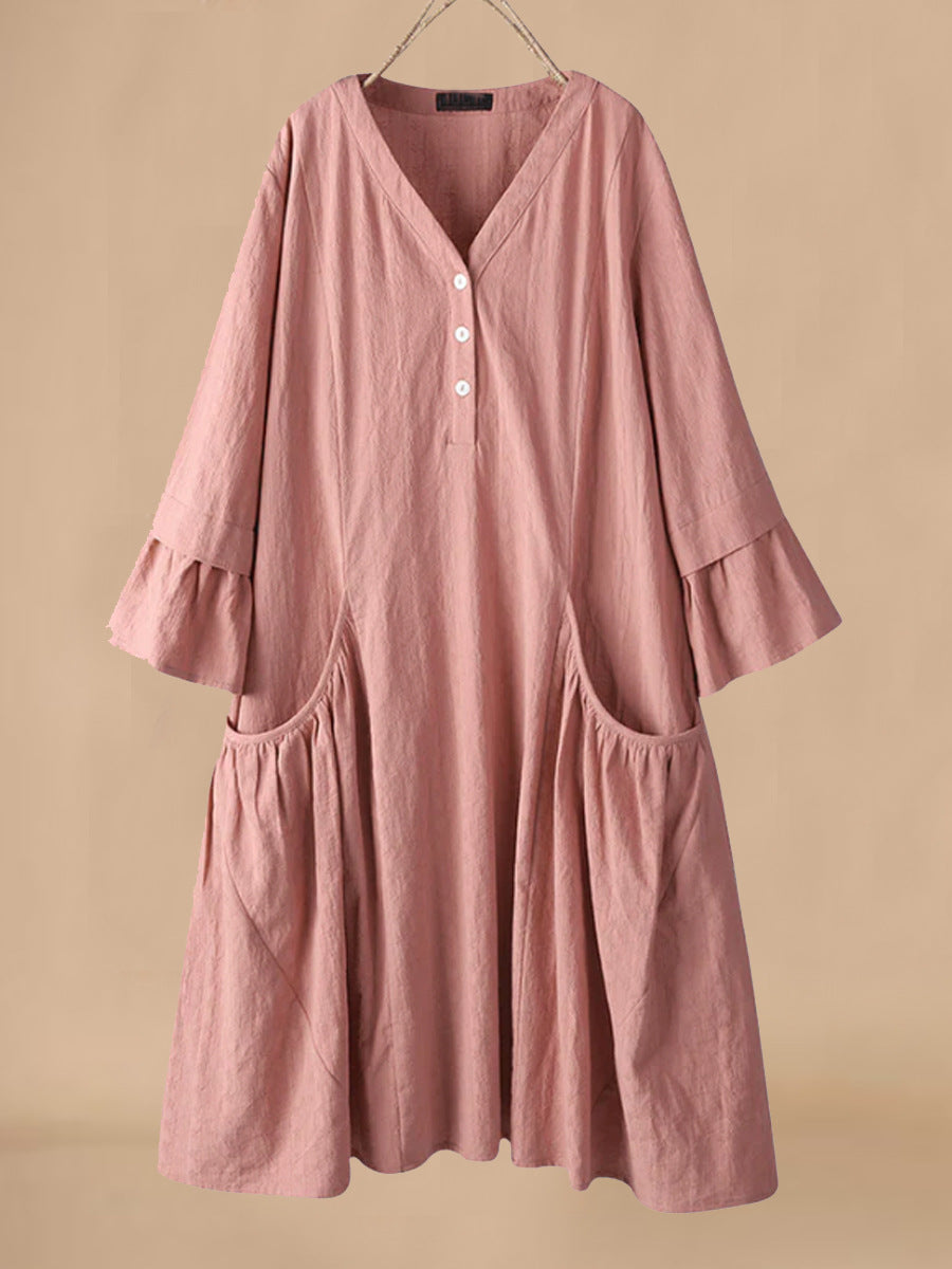 Women’s Midi Dress – Cotton Linen Blend – Relaxed Fit – V-Neck – Flared Sleeves – Pockets