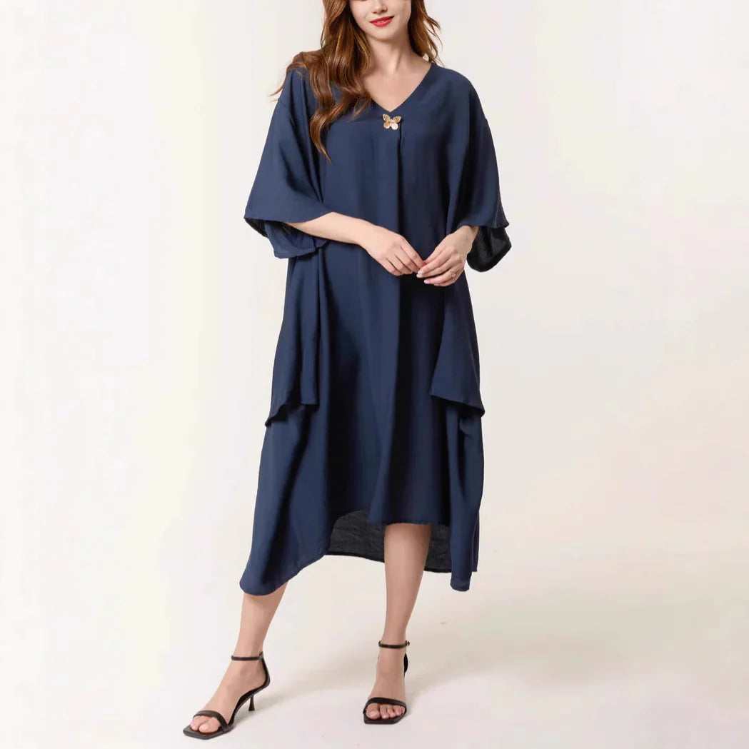 Women’s Tunic Dress – Relaxed Fit – V-Neck – Elbow Sleeve – Midi Length – Breathable Blend