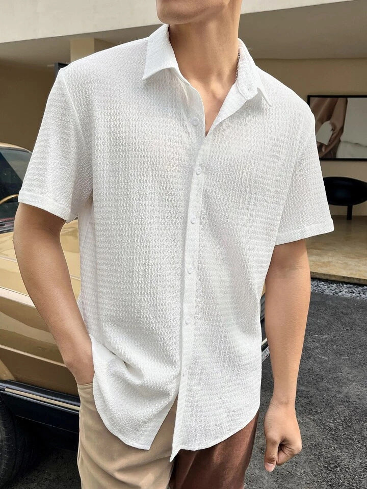 Men’s Short Sleeve Shirt – Cotton Blend – Regular Fit – Textured Button-Front Casual