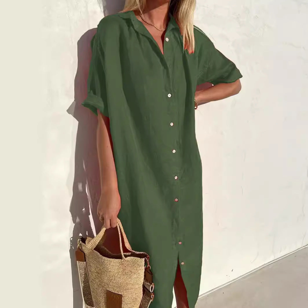 Women’s Shirt Dress – Cotton Linen Blend – Relaxed Fit – Button Down – Midi Length