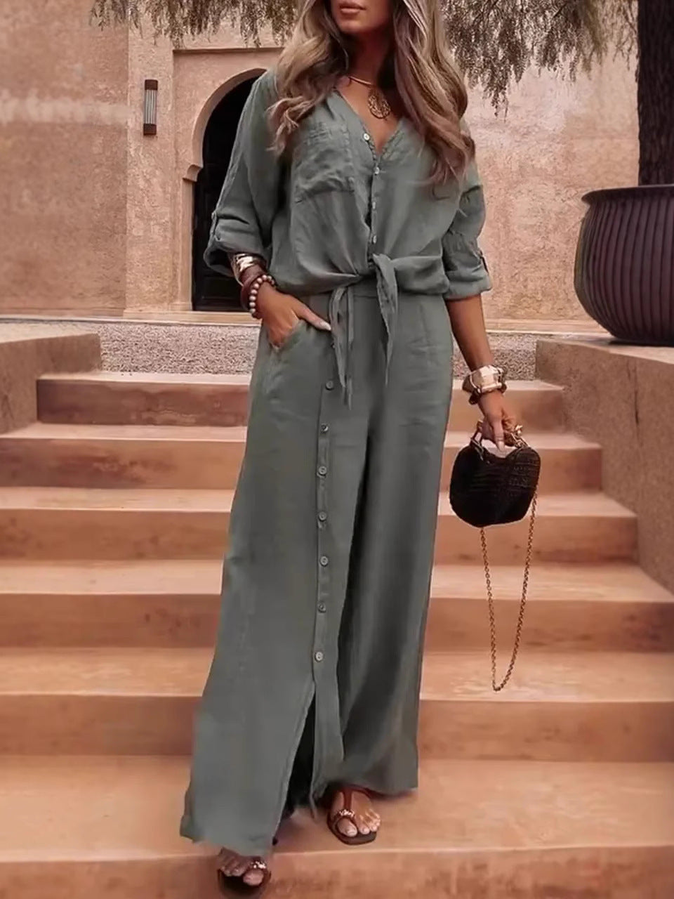 Women’s Trousers Set – High Waist – Wide-Leg – Long Sleeve – Cotton Linen – Relaxed Fit – Button Detail