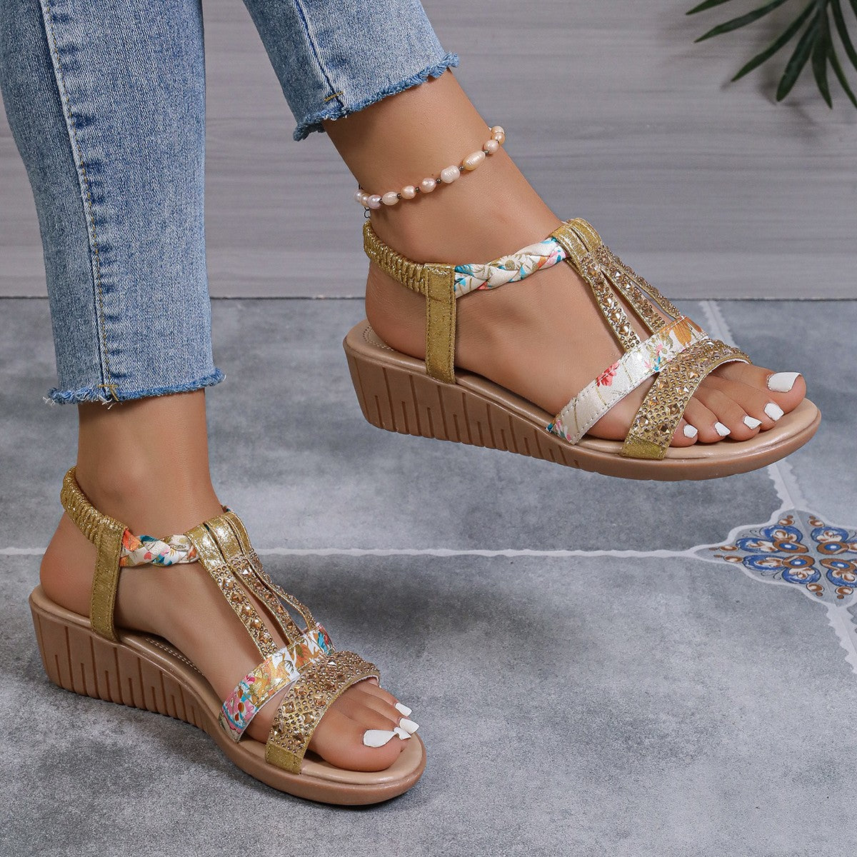 Women’s Wedge Sandals – Medium Heel – Rhinestone T-Strap – Braided Ankle Strap