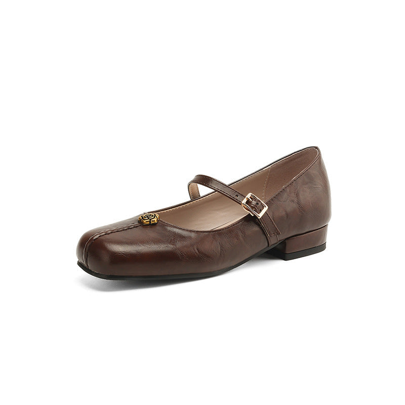 Women’s Flat Shoes – Square Toe – Leather-Look – Buckle Strap – Block Heel Comfortable Fit