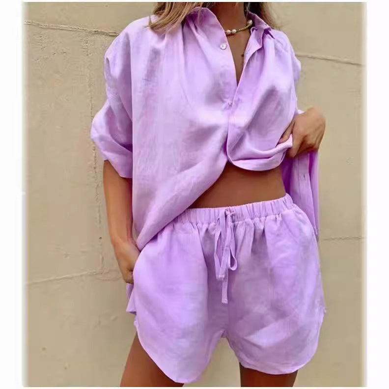 Women’s Shirt and Shorts Set – Linen Blend – Oversized Fit – Elastic Waist Casual Wear