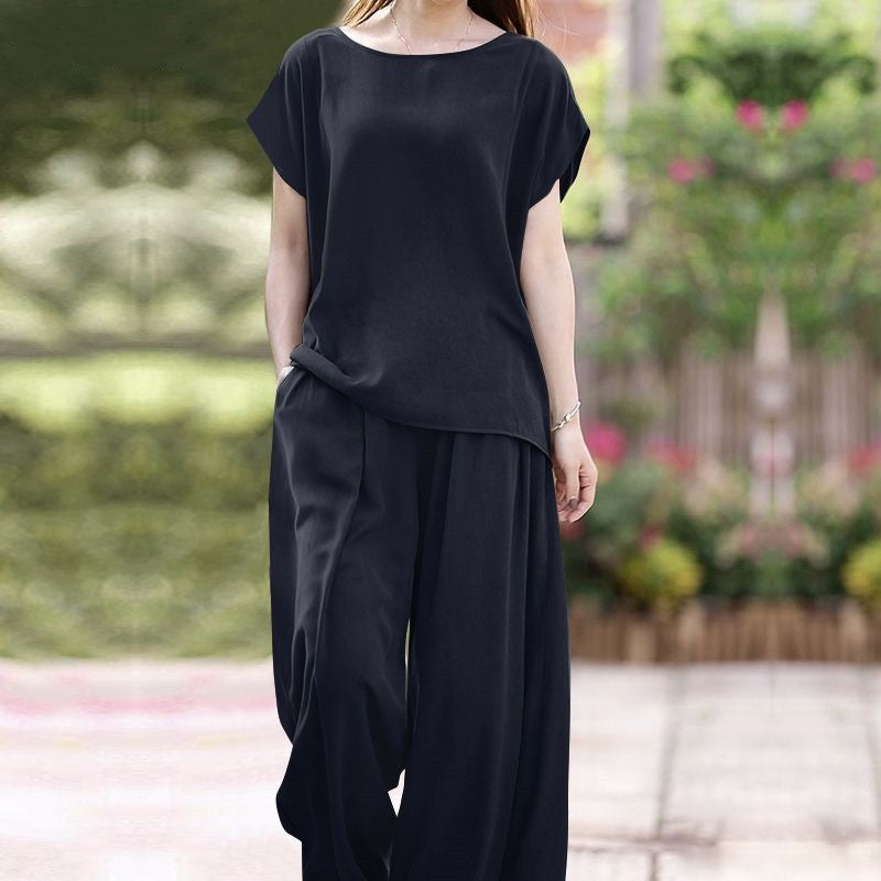 Women’s Two-Piece Set – Loose Fit Blouse – Wide-Leg High-Waist Trousers – Breathable Fabric
