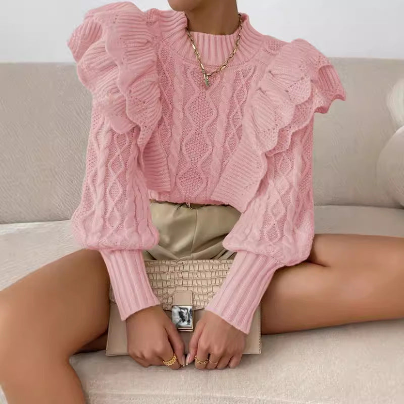 Women’s Knit Sweater – Cropped Fit – Cable Knit – Ruffle Shoulder – Long Sleeve