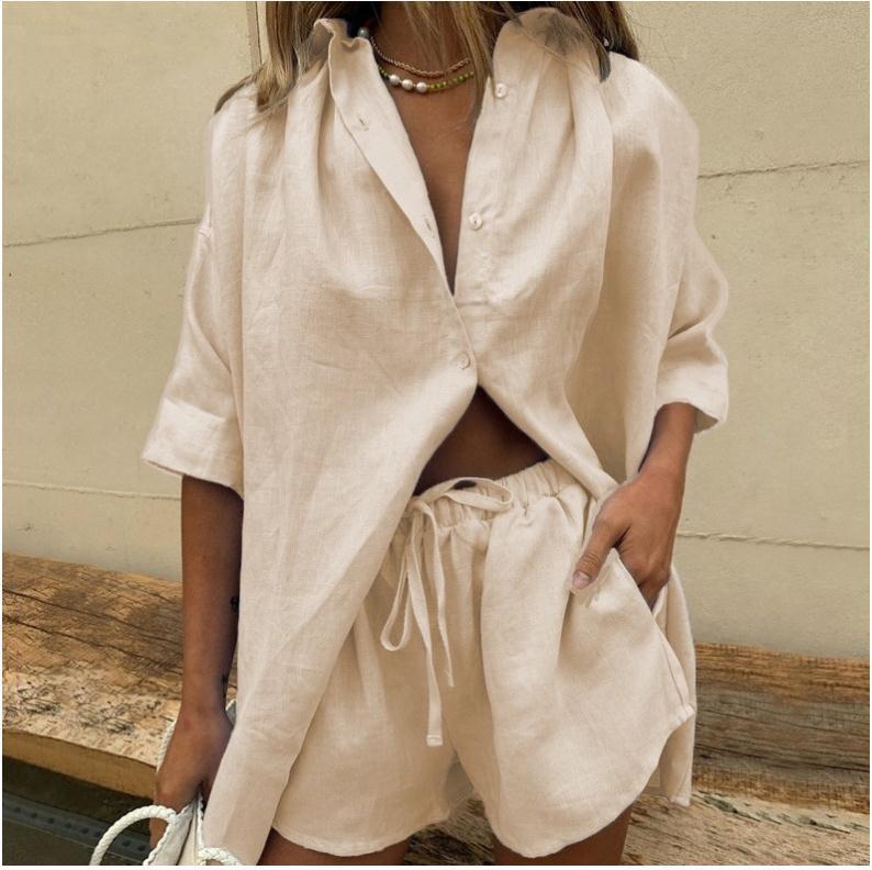 Women’s Shirt and Shorts Set – Linen Blend – Oversized Fit – Elastic Waist Casual Wear