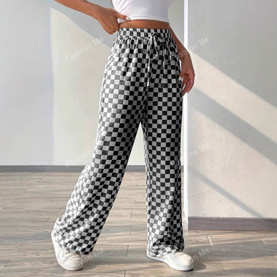 Women’s Wide-Leg Trousers – Relaxed Fit – Checkered Print – Elastic Waist with Drawstring