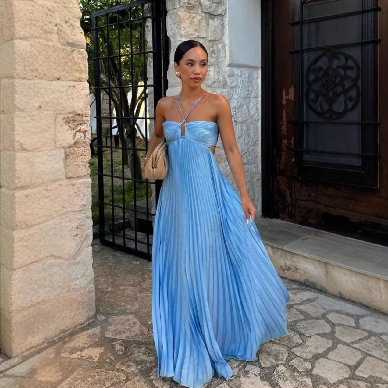 Women’s Strapless Maxi Dress – Crisscross Bodice – Pleated A-Line – Side Cut-Outs